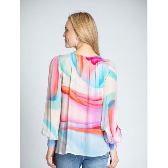 APNY Sustainable Fabric Boho 70s Hippie Rainbow Modern Blouse S Artsy Top New - Picture 2 of 12